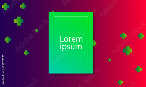 Minimal vector purple to pink gradient background. Composition with plus shape, and frame for text or message on green light blue box.