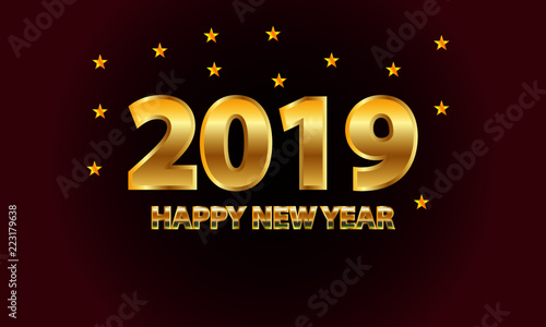 Happy New Year 2019. Golden numbers with stars on a maroon  background. Vector illustration - Illustration