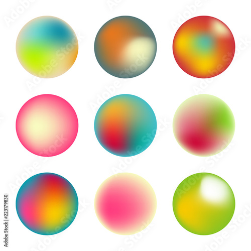 Vector set of holographic fluid circles. Round vibrant multicolored gradient banners.