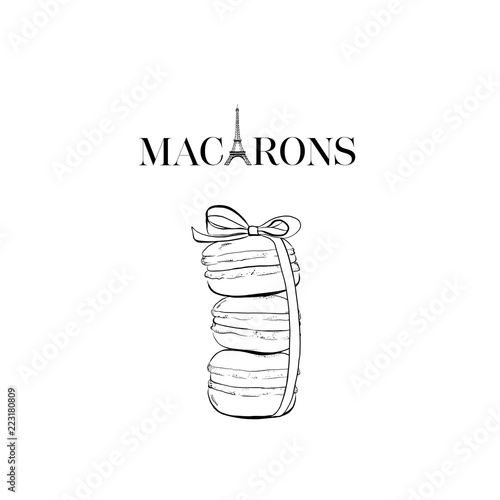 Hand drawn watercolor of macarons cakes, french pastry dessert. Macarons text with Eiffel Tower. Vector illustration, isolated on white background. Set off macaroons with ribbon bow.