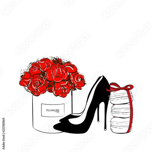 Cute fashion patch badges set: Box red flower, macaroons with bow, black shoes, macaron cakes. Paris romantic design. Vector trendy illustration. Beauty fashion woman set.