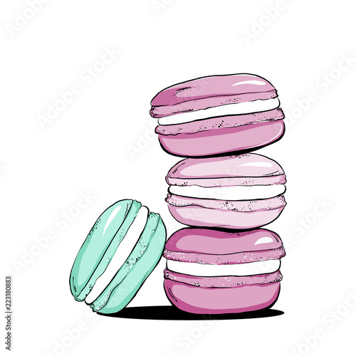 Stack of colorful cartoon macarons icon. Macaroon almond cakes isolated. Macaron biscuits dessert. Vector illustration in dot style, retro vintage dots graphic art.
