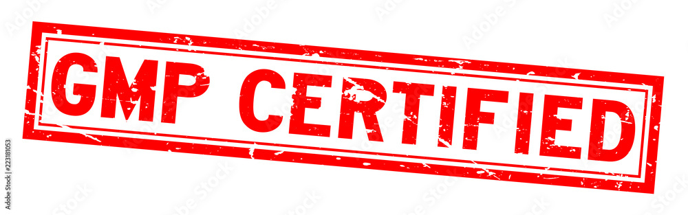 Grunge red GMP (Good manufacturing practice) certified square rubber seal stamp on white background Grunge red GMP (Good manufacturing practice) certified square rubber seal stamp on white background