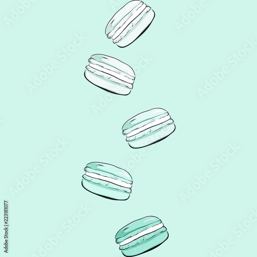 Stack of colorful cartoon macarons icon. Macaroon almond cakes isolated. Macaron biscuits dessert. Vector illustration in dot style, retro vintage dots graphic art.