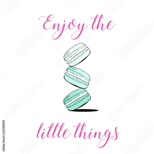 Vector colorful cute macaroons and hand drawn quote text "Enjoy the little things". Sweet pastry cookies with crumbles. Stack of colorful cartoon macarons icon. Macaroon Vector illustration isolated.