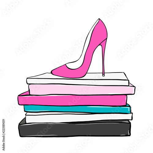 Vector fashion illustration. Pink High heels shoes on fashion magazines books. Hand drawn beautiful concept for girls. Fashionable illustration with stack of books, fashion magazines in Beauty style