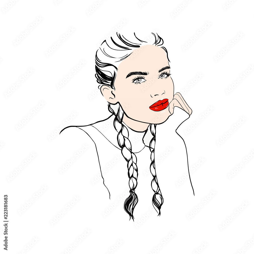 Fashion woman sketch woman in sweater with red lips with pigtail hairstyle.  Beautiful woman hand drawn face vector fashion sketch. Hand drawn young  girl model posing. Sketch. Vector illustration. Stock Vector |