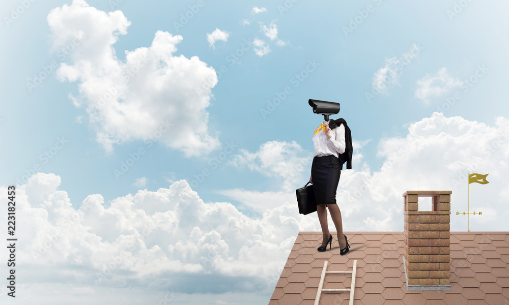 Concept of security and privacy protection with camera headed woman
