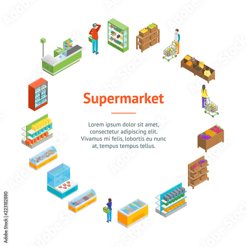 Supermarket or Shop Banner Card Circle Isometric View. Vector