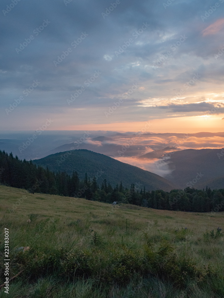 Carpathians landscape in august, west Ukraine. Sundown in mountains at summer. Ukrainian nature background. The sky covered with grey clouds illuminated by the sun. Blurred background