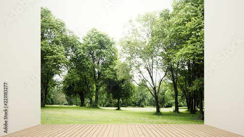 Empty room and forest view for residential business. Relax area on terrace and meadow view .Interior simple design. 3D Rendering