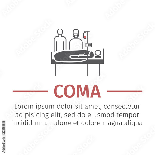 Hospital bed or hospital ward symbol. Man in a coma. Vector illustration for websites. photo