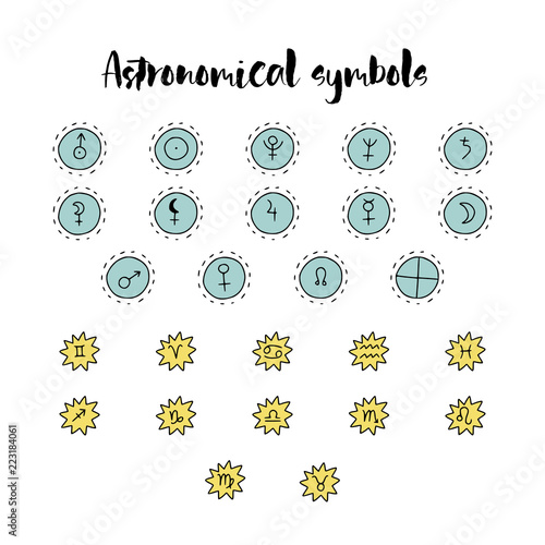 Astrology doodle symbols. Set of astrological graphic design elements.