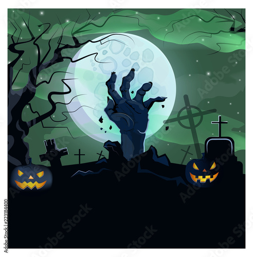 Hand of dead man from ground of graveyard vector illustration. Angry illuminated carved pumpkin, necked tree, gravestones at night. Horror concept