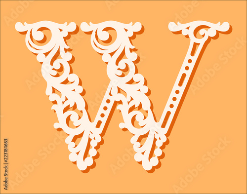 Laser cut template. Initial monogram letters. Fancy floral alphabet letter. May be used for paper cutting. Floral wooden alphabet font letter. Filigree cutout pattern. Vector illustration.