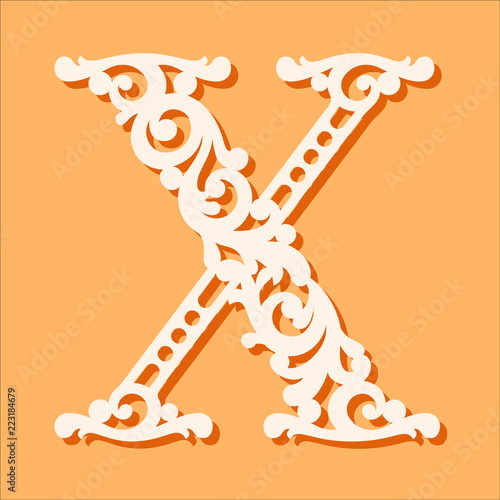 Laser cut template. Initial monogram letters. Fancy floral alphabet letter. May be used for paper cutting. Floral wooden alphabet font letter. Filigree cutout pattern. Vector illustration.