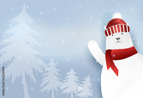 Polar bear and snow paper art style Christmas holiday background, paper craft illustration