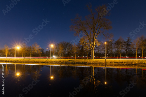 Beautiful tranquil nightscape with car lights reflected in the canal at night with streetlights and a tree