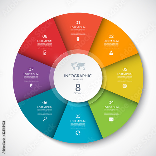 Vector infographic circle. Cycle diagram with 8 options. Can be used for chart, graph, report, presentation, web design.