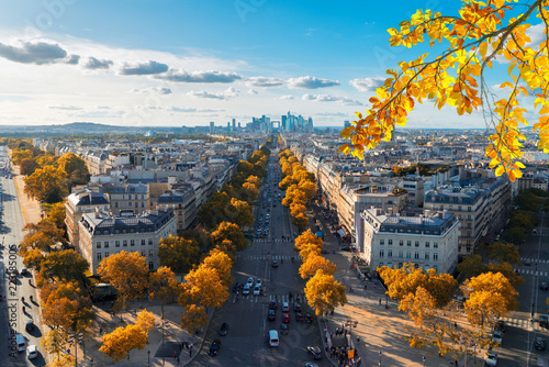 panoramic skyline of Paris city towards La Defense district from above at fall, France