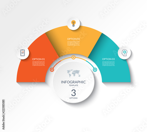 Business infographic semicircle template with 3 options. Can be used as a chart, workflow layout, diagram, data visualization, minimalistic web banner.