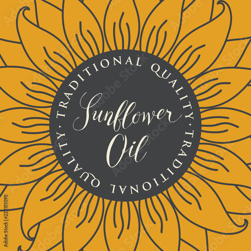 Square vector banner or label for sunflower oil in the form of sunflower close-up with handwritten inscription