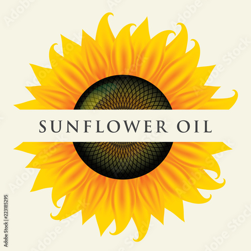 Square vector banner or label for sunflower oil in the form of sunflower close-up with inscription on light background