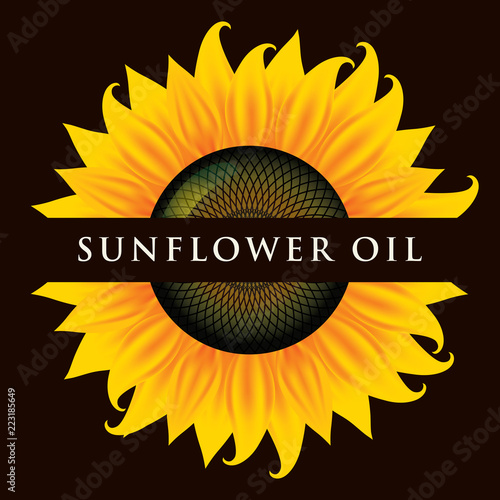Square vector banner or label for sunflower oil in the form of sunflower close-up with inscription on black background