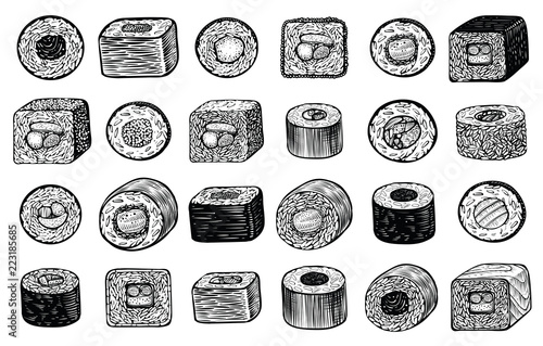 Sushi maki rolls vector hand drawn illustration, different angle of view. Japanese food.