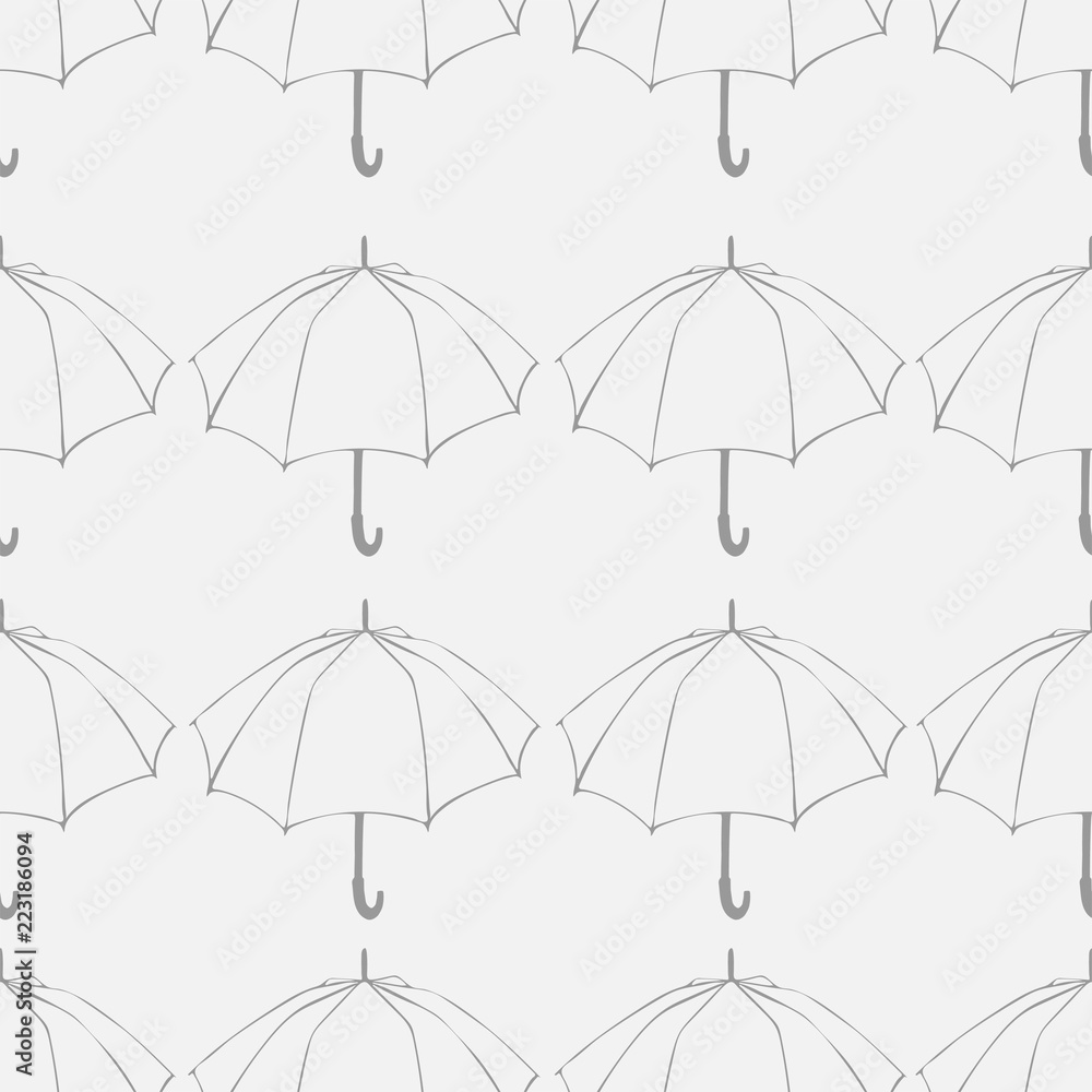 Seamless pattern with doodle umbrellas. For fabric, textile, wallpaper, wrapping paper. Vector Illustration. Hand drawn sketch. Line drawing on light gray background. 