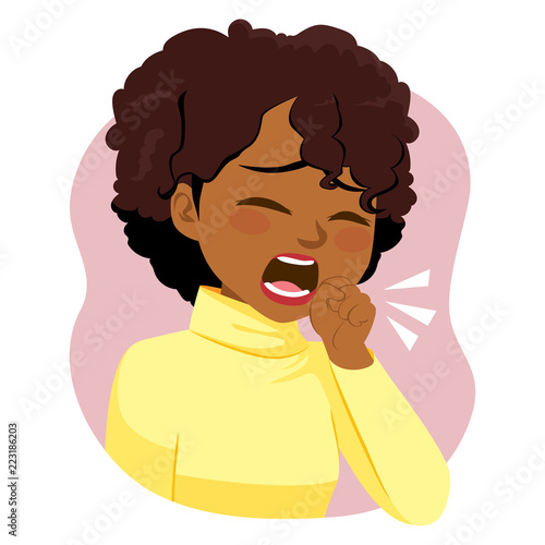 Illustration of young black ill woman coughing with fist in front of mouth