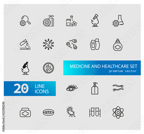 Medicine and healthcare icons. Set of  line icons. Bacteria, corrosion, microscope. Science concept. Vector illustration can be used for topics like microbiology, research, pharmaceutics