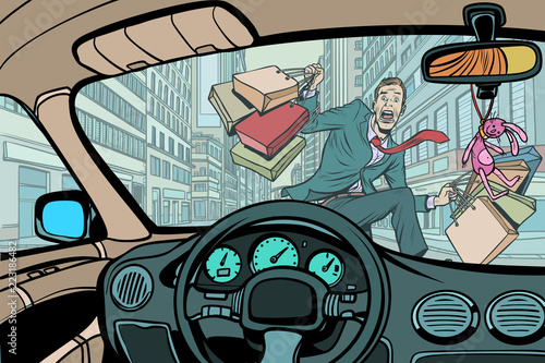 car knocks a pedestrian with purchases on sale
