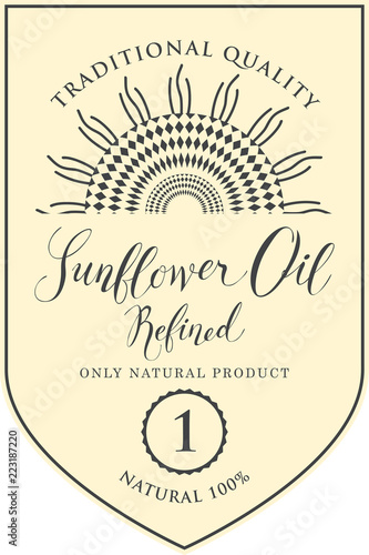 Vector label for refined sunflower oil with schematic drawing of sunflower and handwritten inscription on light background