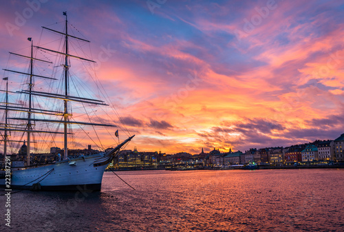 Beautiful ship in stockholm during sunset