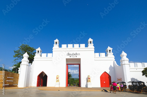 KANCHANABURI, THAILAND- July 31 2017: Thai tourists walk in front of the city of Mallika on 31 July 2017 in Kanchanaburi. Famous Tourist Attractions in Kanchanaburi