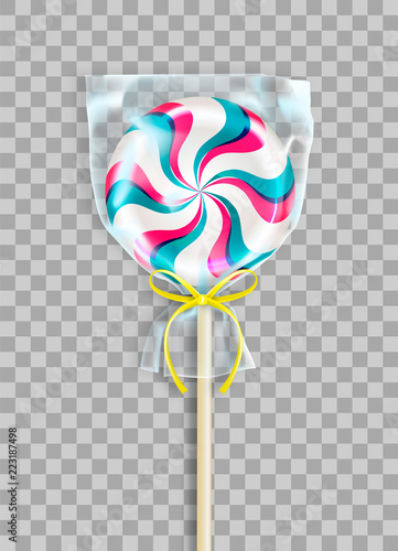 Single round striped lollipop packed in transparent cellophane bag or pack with a decorative yellow ribbon. Realistic 3D Vector illustration isolated on transparent background.
