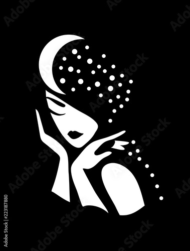 Graphic silhouette of a art deco woman with moon and stars. Fashion luxury icon.