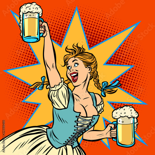 Oktoberfest beer. Woman waitress in traditional German costume