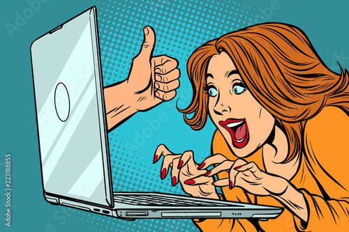 like thumb up, woman blogger working on computer