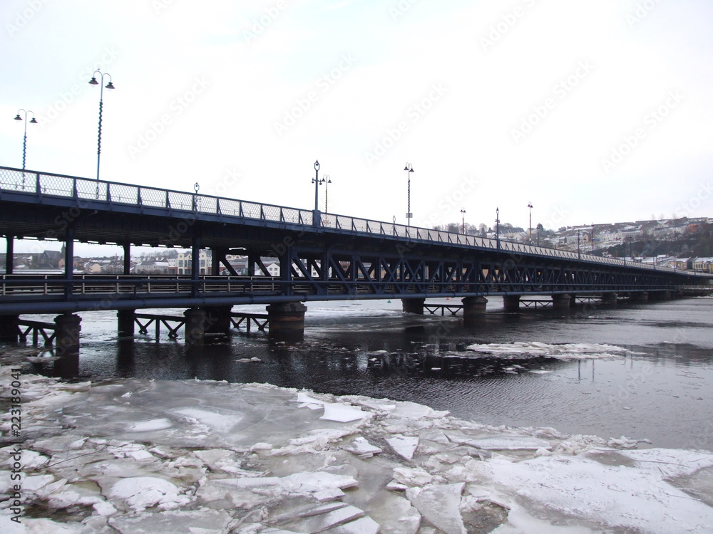 The Craigavon Bridge and River Foyle in Derry / Londonderry frozen over