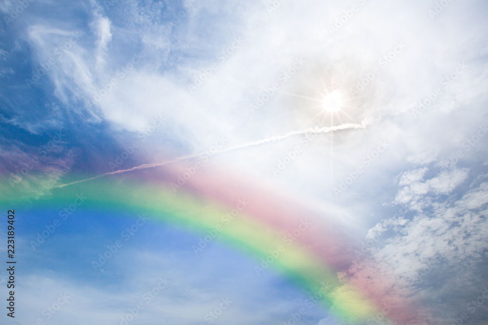 Landscape, mountain hill sun beam and lighting blue sky with rainbow. beautiful nature background and wallpaper. Landscape, mountain hill sun beam and lighting blue sky with rainbow. beautiful nature background and wallpaper.