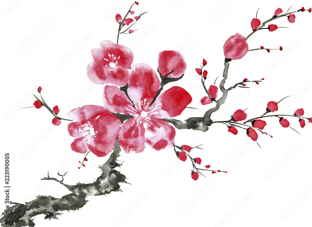 Obraz premium A branch of a blossoming tree. Pink and red stylized flowers of plum mei, wild apricots and sakura . Watercolor and ink illustration in style sumi-e, u-sin. Oriental traditional painting.