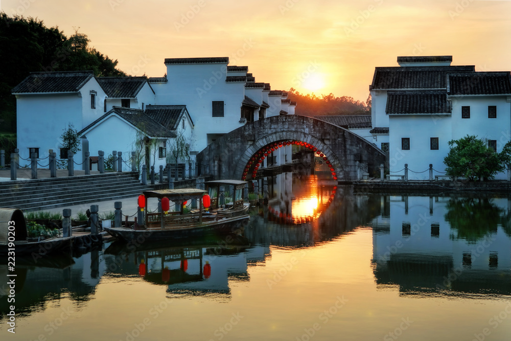 Foshan city, Guangdong, China, The CCTV Nanhai Movie and TV Town. Jiangnan, typical Lingnan style Water Town. 