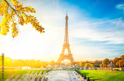 Eiffel Tower from Trocadero at fall sunrise, Paris, France, retro toned