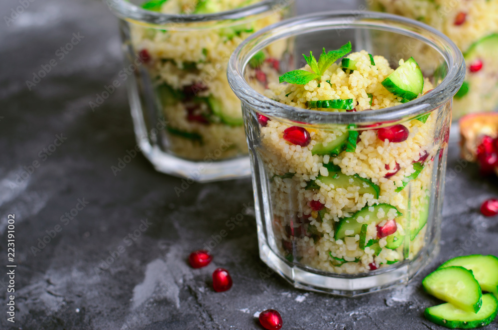 Couscous Salad in a Jar with Pomegranate, Mint and Cucumbers, Healthy Salad, Vegan Meal Couscous Salad in a Jar with Pomegranate, Mint and Cucumbers, Healthy Salad, Vegan Meal