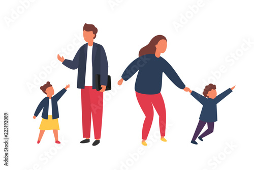 Family with kids. Busy and tired parents with naughty children. Vector illustration