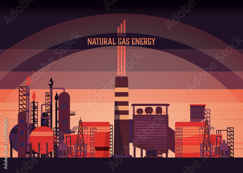 natural gas energy, combine cycle power plant, natural gas power plant in retro graphic