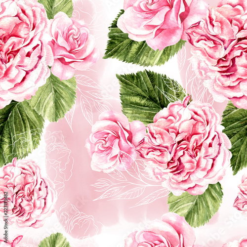 Beautiful watercolor pattern with roses and peony flowers.
