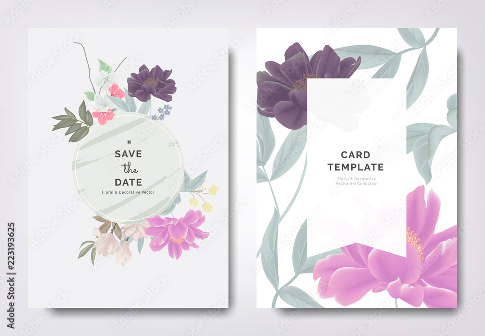 Fototapeta premium Botanical wedding invitation card template design, paenia lactiflora flowers and leaves with green frame on green background, vintage style